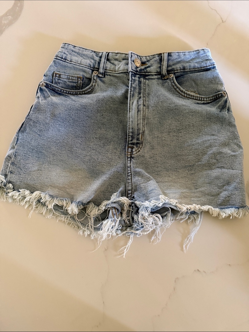 H&M Light Blue Frayed Hem High-Rise Denim Shorts